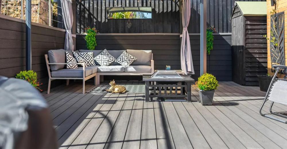 large garden Decking area using Grey Composite Boards.