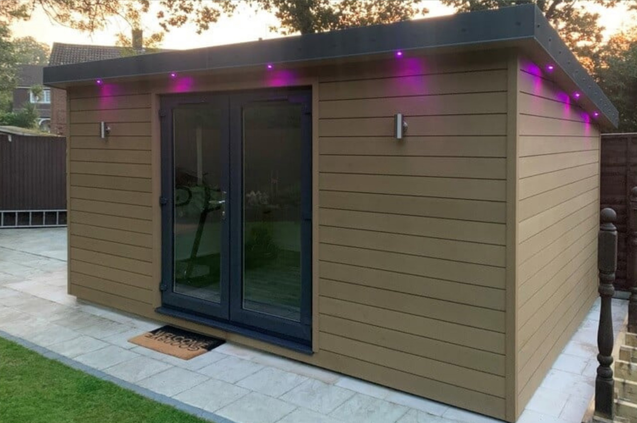 Teak Composite Wall Cladding Boards form the exterior of this garden room