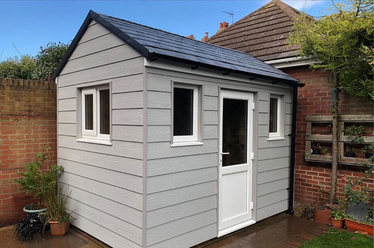 Cladco Fibre Cement Wall Cladding adorn this contemporary garden shed