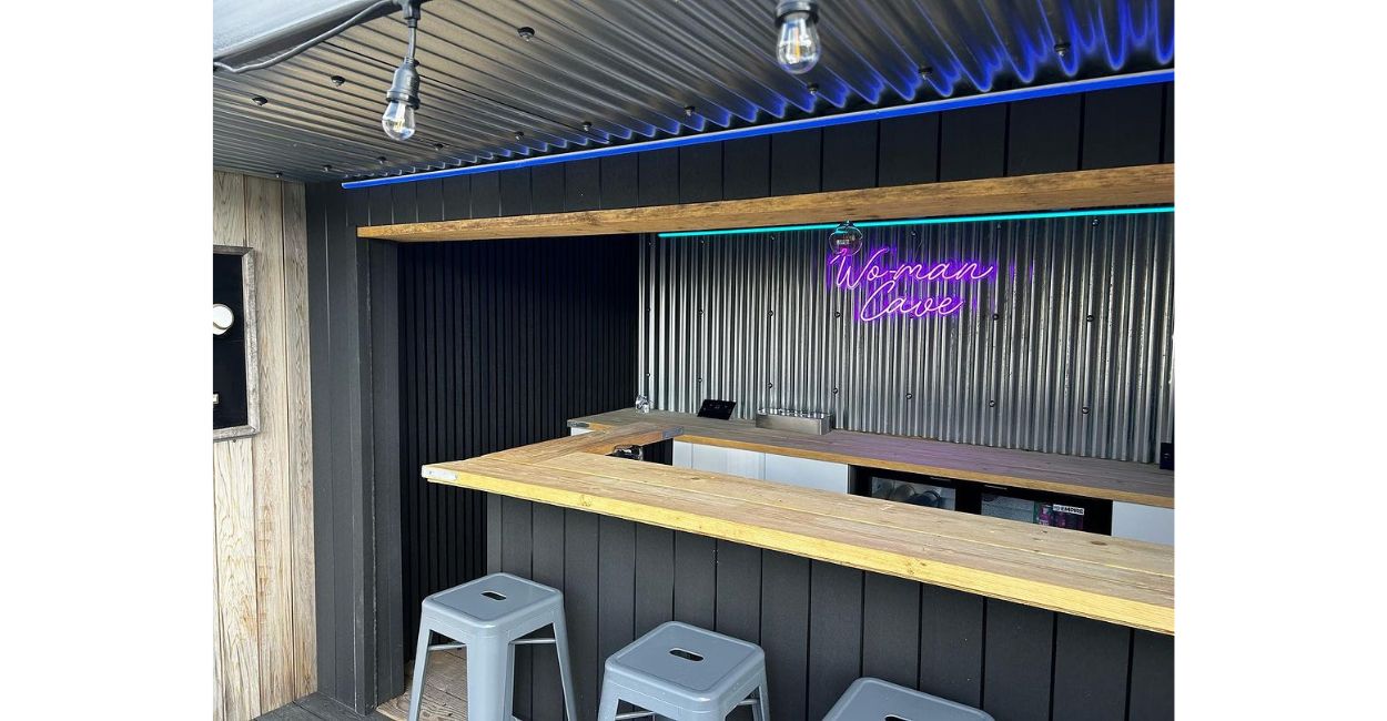13/3 Corrugated Steel Cladding in Plain Galvanised are featured in this creative outdoor bar