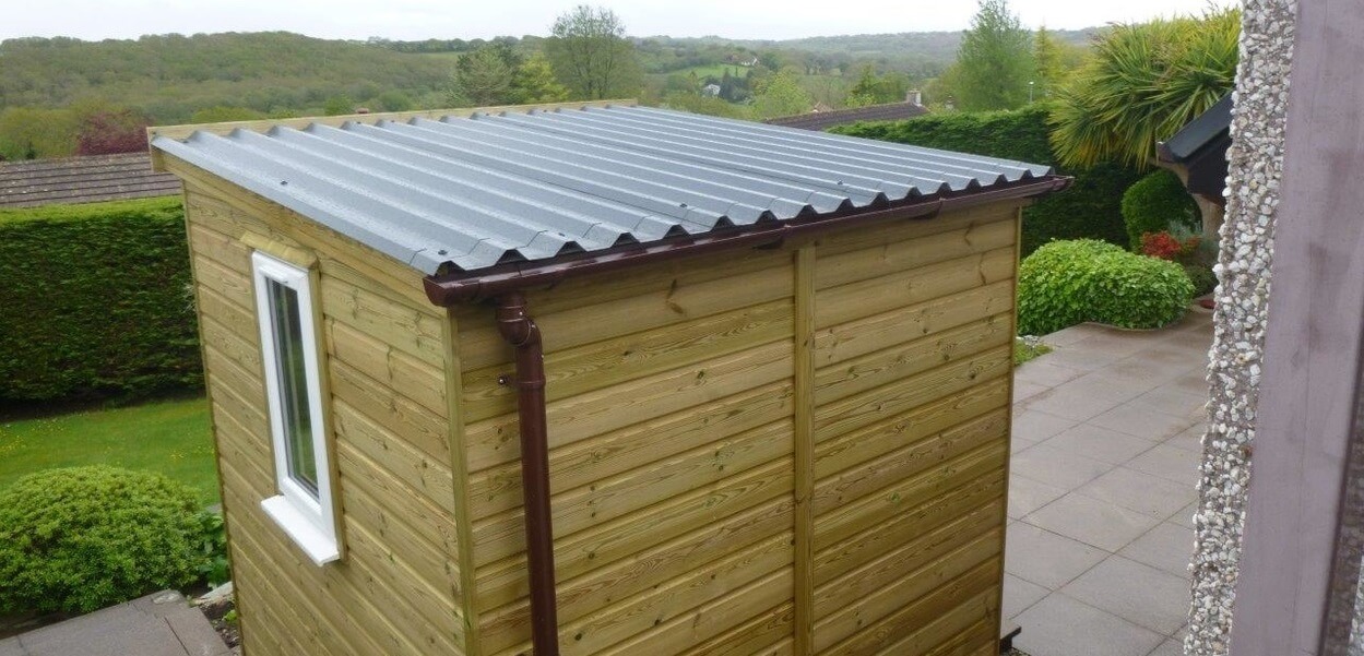Cladco 34/1000 Box Profile Roofing Sheets protect this garden building from the elements