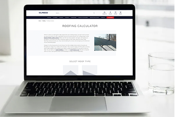 A laptop screen displaying the Cladco roofing sheet calculator tool