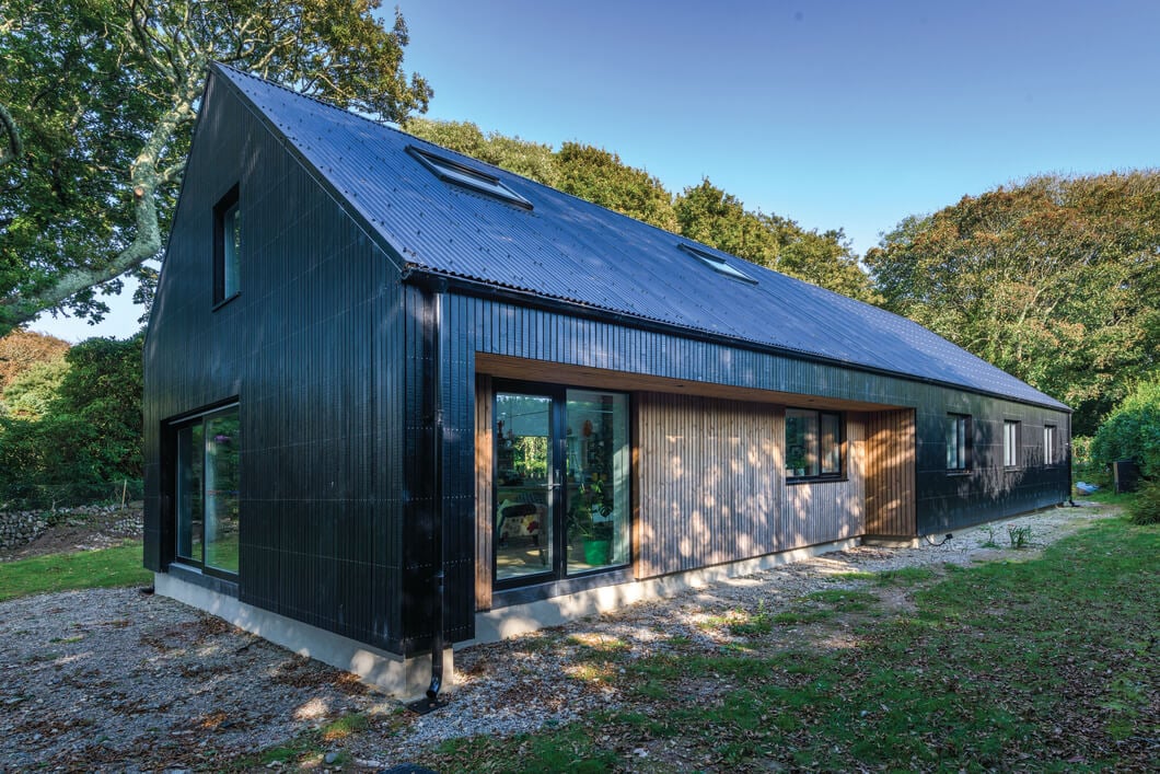 Building with corrugated metal roof