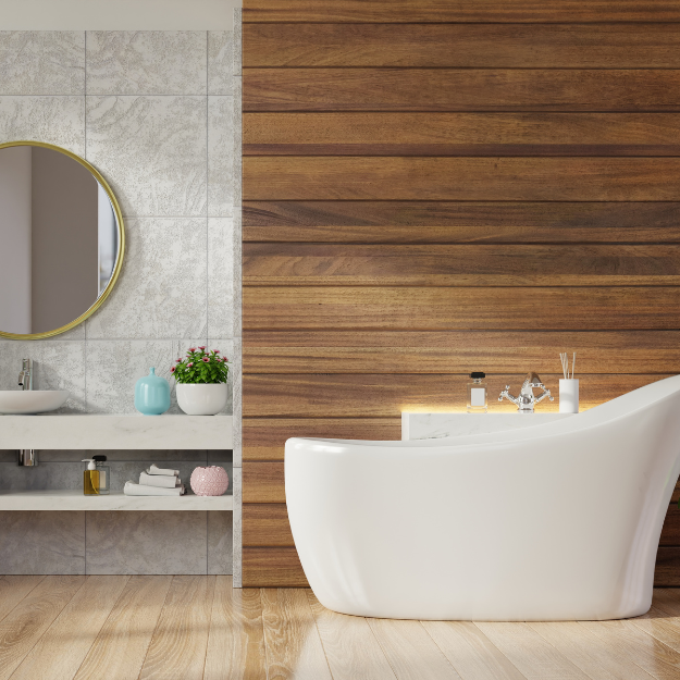 Natural wood tongue and groove paneling used in a bathroom Natural wood tongue and groove paneling used in a bathroom