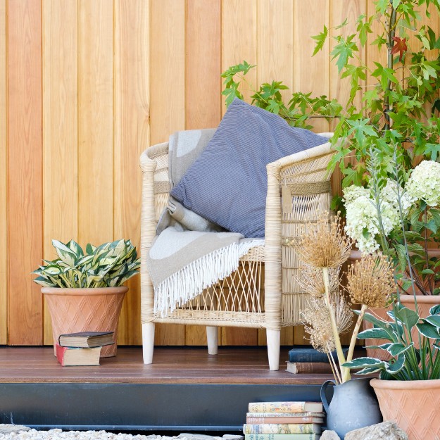 Plants and decking surround a cushioned chair for a comfortable outdoor seating area in the countryside.