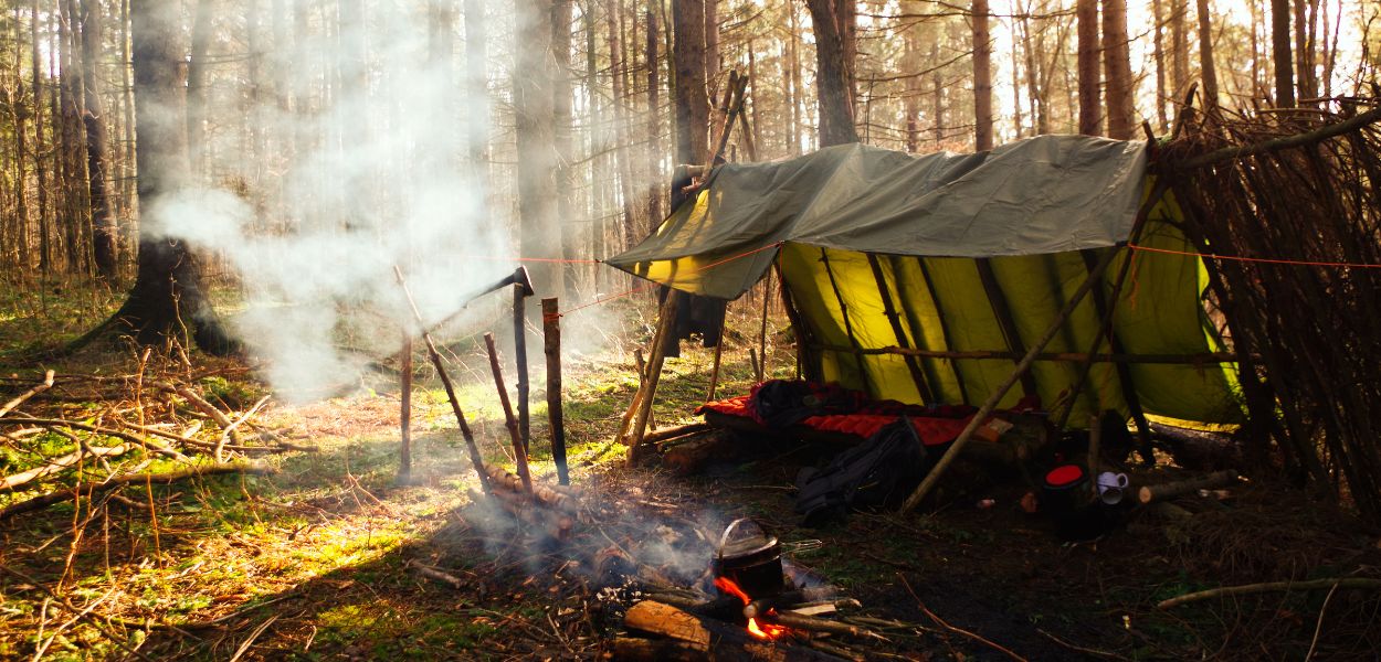 Tarpaulin tent covering in woods