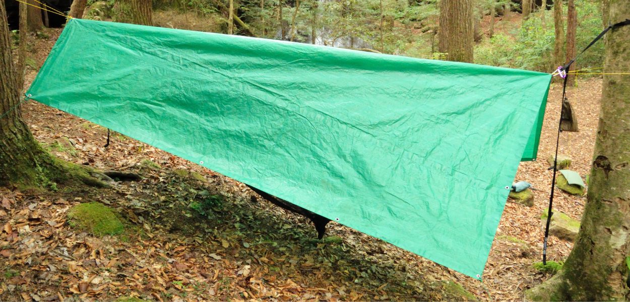 Tarpaulin shelter in forest