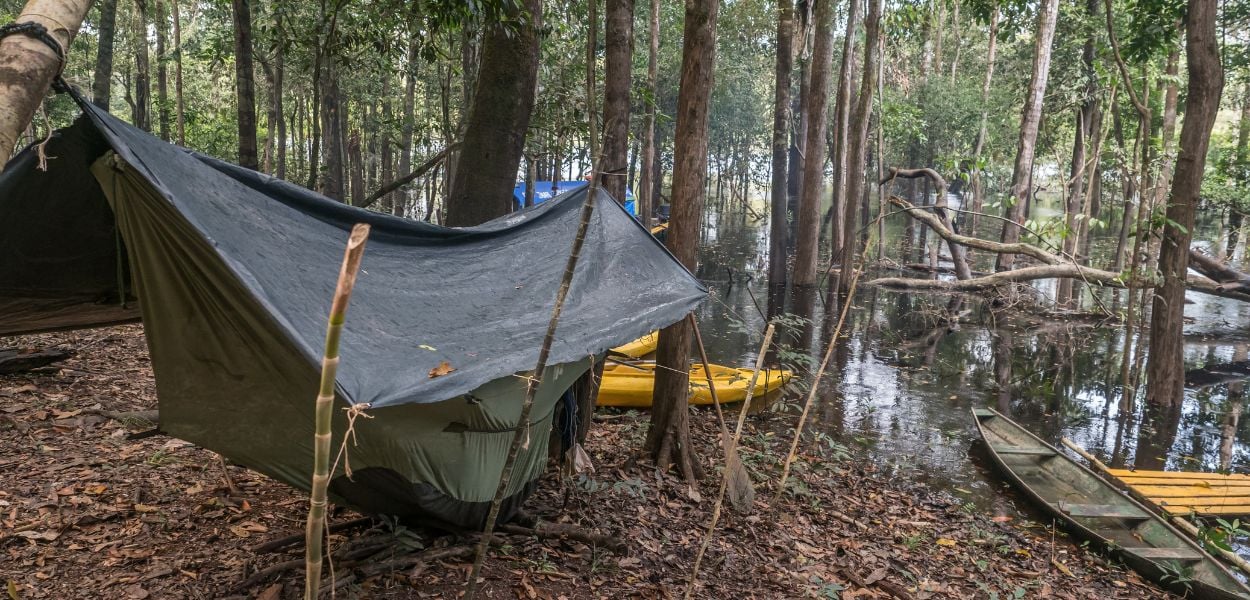 Tarp used as a camping shelter