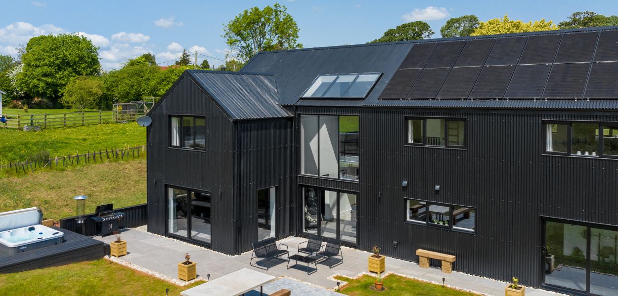 Solar panels are used to power The Black Barn for an environmentally friendly holiday home