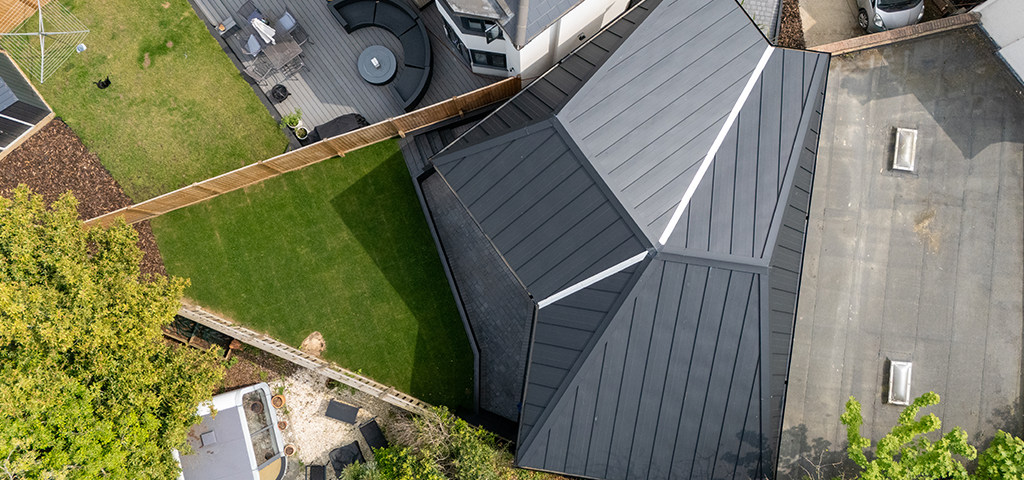 Birds-eye view of the standing seam roof on this modern South East London home.