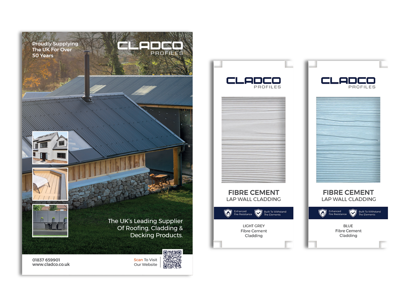 Two Cladco fibre cement cladding samples alongside a Cladco brochure