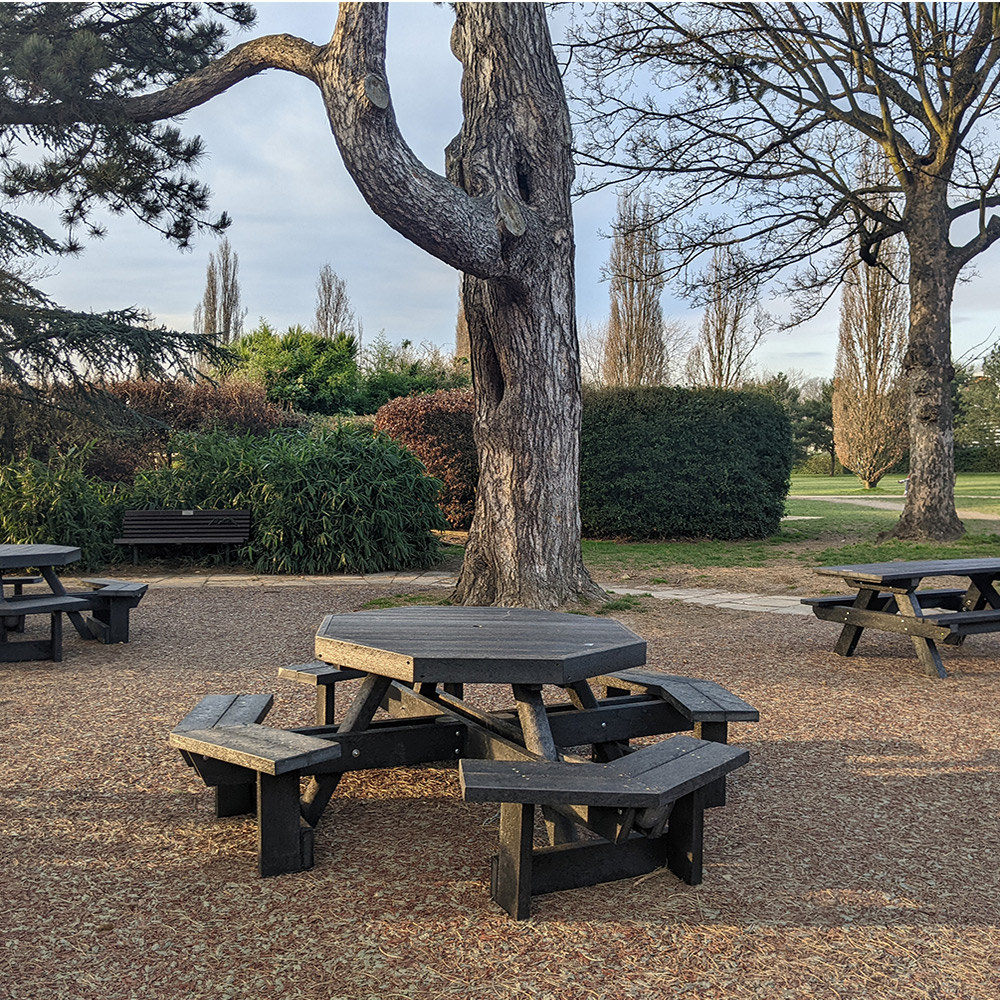 Octagonal eight seater picnic bench.