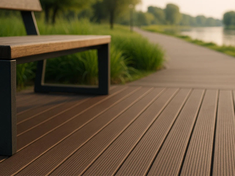 Cladco recycled plastic decking boards used as a walkway adjacent to a river in autumn.