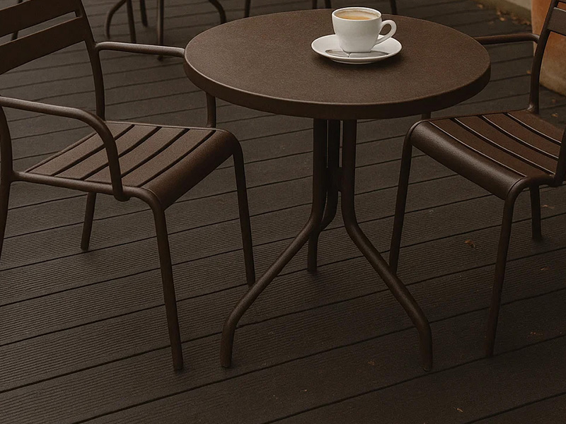 Cladco reycled plastic decking boards installed in this comercial cafe property.