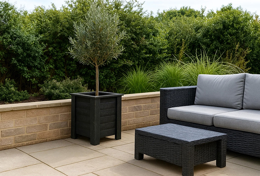 Eco-friendly planters are made from 100% recycled plastic.