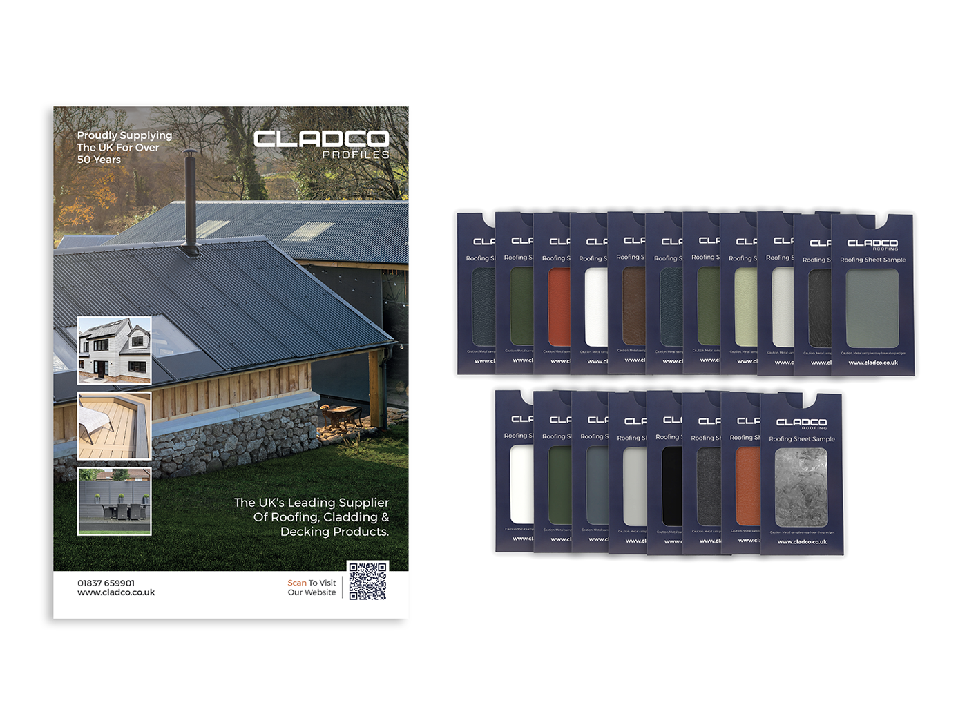 All of the Cladco roofing sheet samples laid out on a table top alongside the Cladco brochure