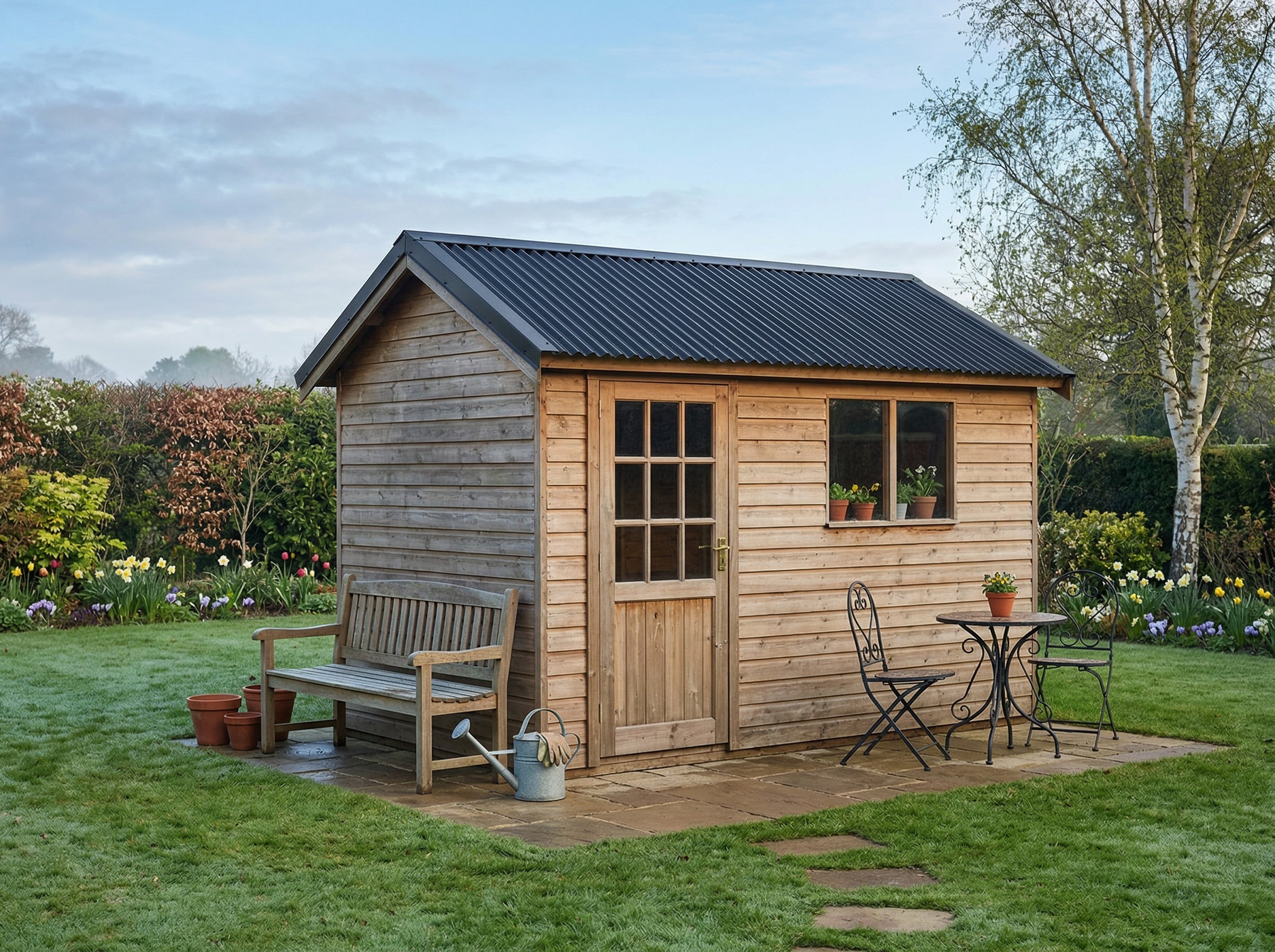 Wooden garden shed with a pitched corrugated metal roof sheet showing a durable shed roofing option