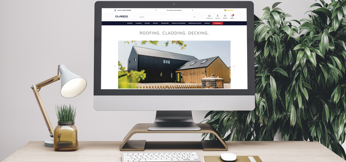 New Cladco website homepage with streamlined navigation, featuring roofing sheets, composite decking, cladding and fencing ranges.
