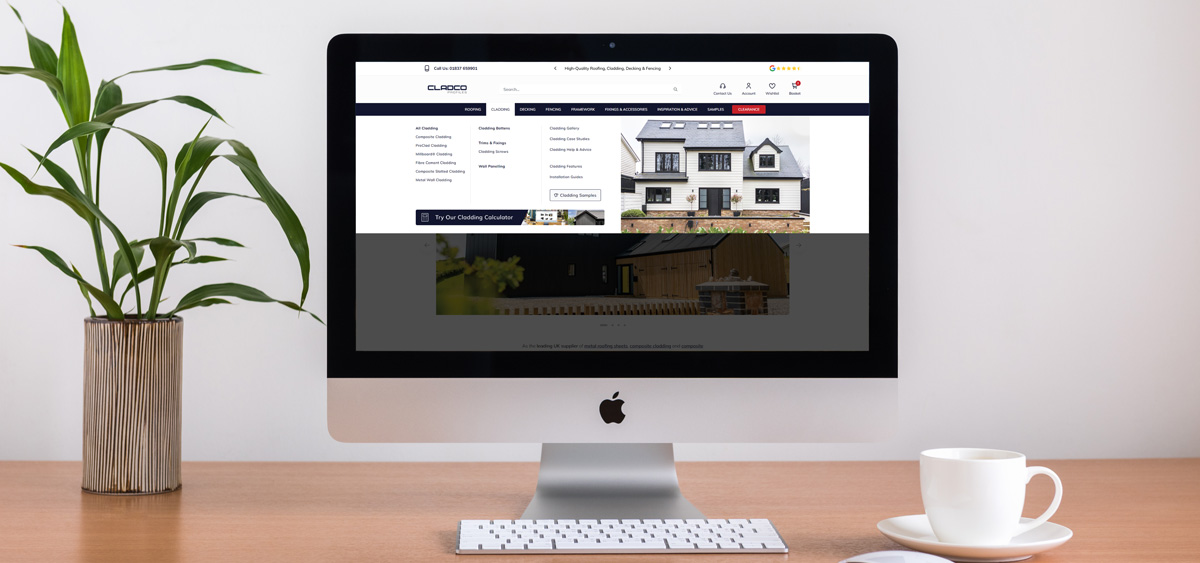 New Cladco website mega menu displaying all product categories in one place.