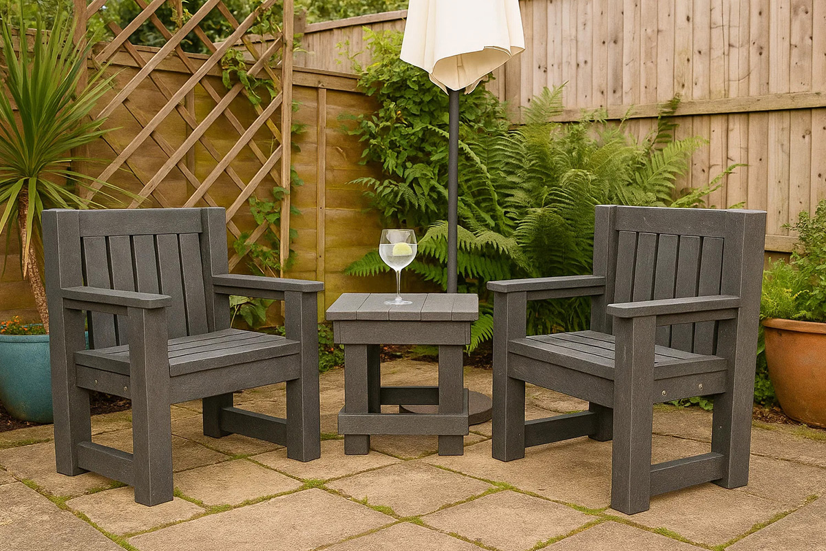 Recycled plastic table and chair set on a patio area.