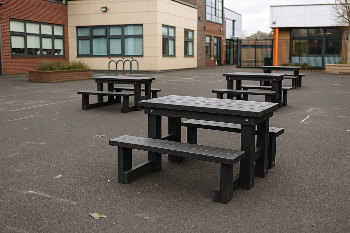 Walk-in style, recycled plastic picnic tables in a school yard.