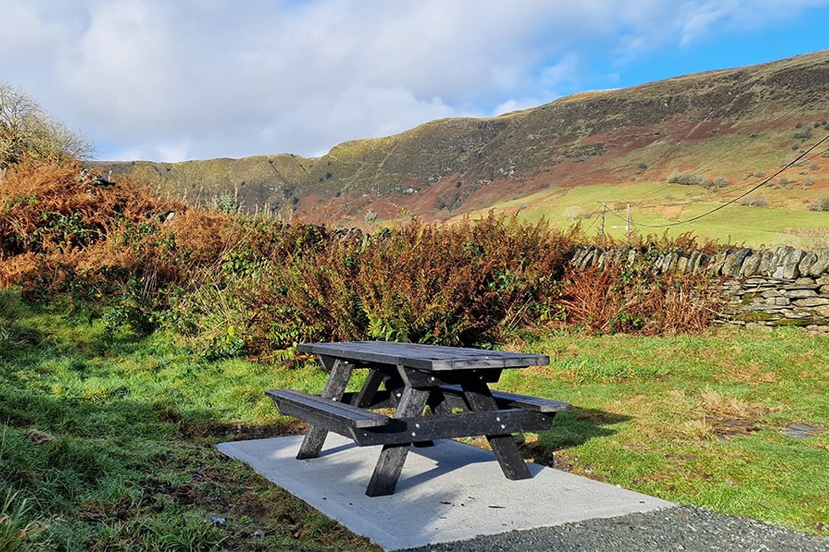 A-frame recycled plastic picnic table in a national park picnic area.